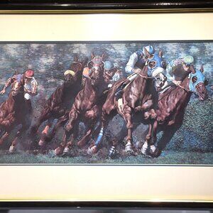 "Polo Players on Horses" framed print with glass signed by Milot 31 x 18"